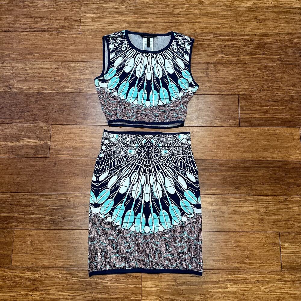 BCBG Max Azria Mayim Jacquard Batik Fan Crop Top and Patel Skirt